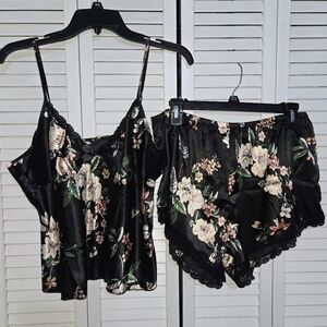 Women's XL Floral Satin & Lace 2pc Lingerie Pajama Set NEW